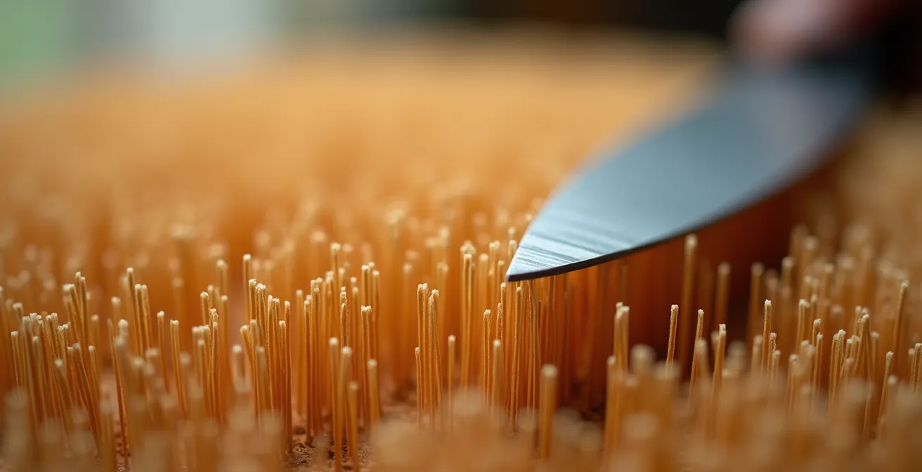 Makroaufnahme eines Stirnholzbretts mit sichtbaren aufrechten Holzfasern, die den Bürsteneffekt demonstrieren.