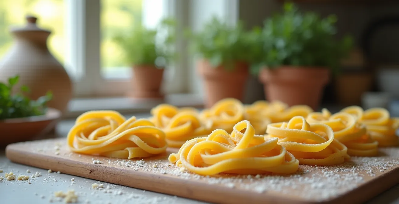 Frische Tagliatelle als Nester geformt zum Trocknen auf dunklem Untergrund