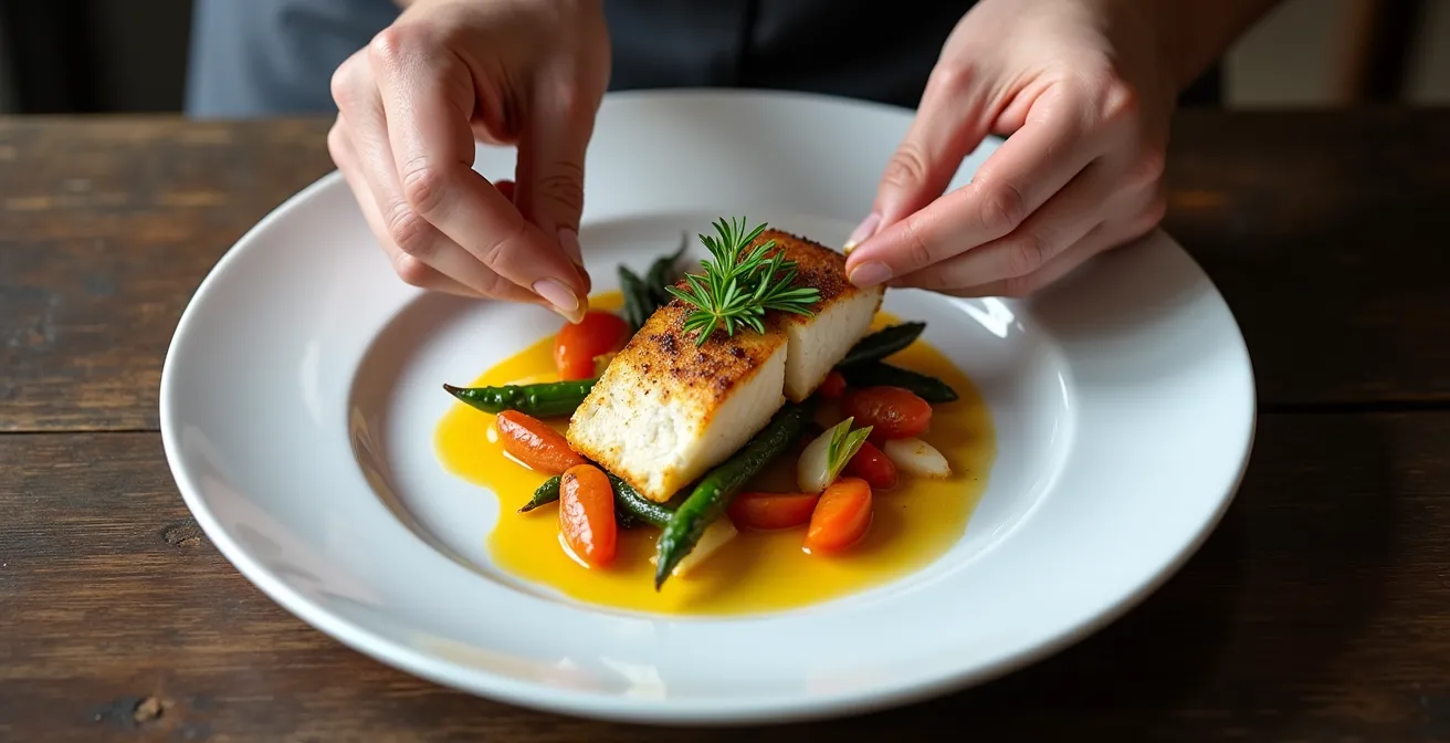 Elegant angerichtetes Gericht auf weißem Teller mit breitem Rand, das die Speise in den Fokus rückt