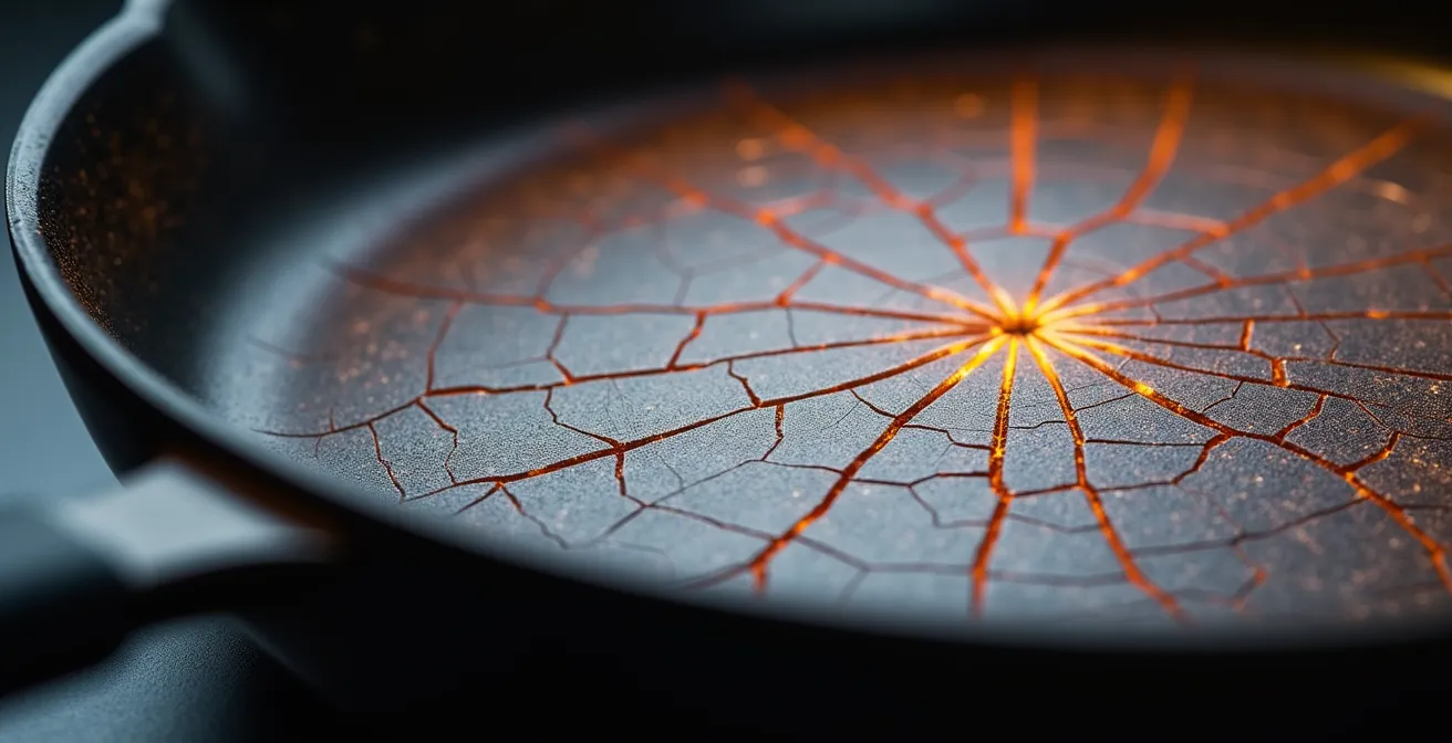 Extreme Makroaufnahme von mikroskopischen Rissen in einer überhitzten Pfannenbeschichtung