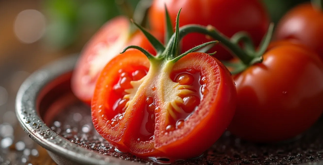 Nahaufnahme von kreuzweise eingeritzten Tomaten im Blanchierprozess