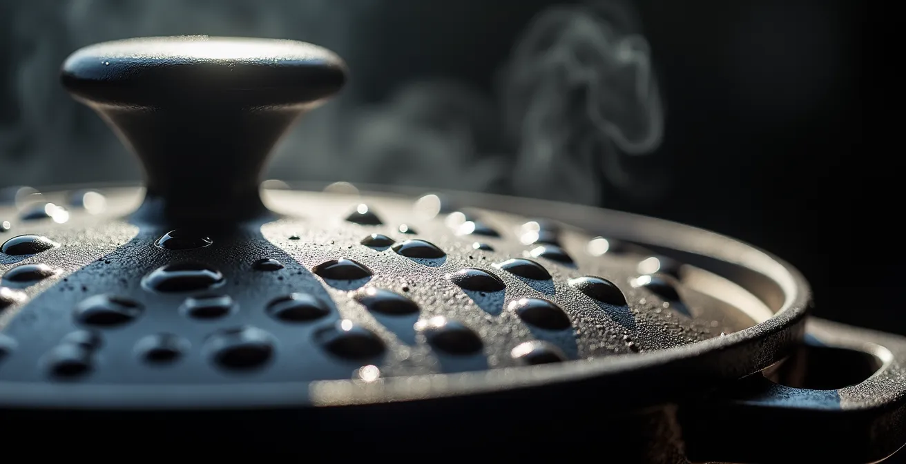 Makroaufnahme der Noppen im Deckel eines Bräters mit Wassertropfen