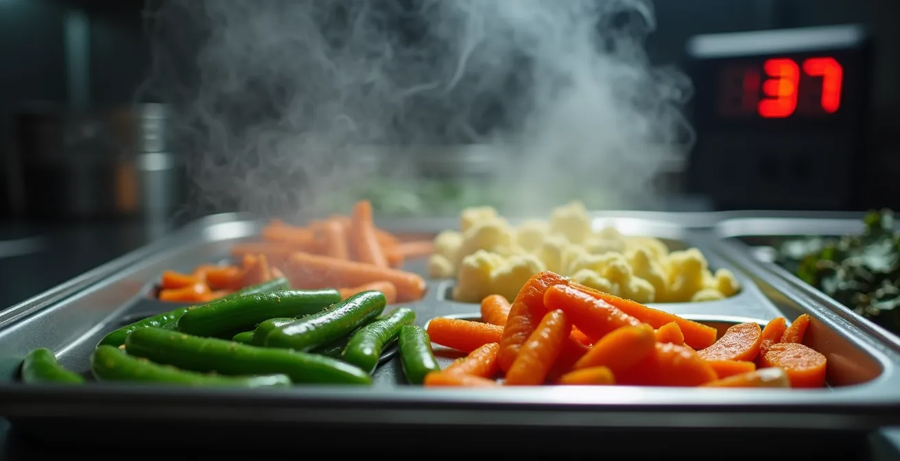 Symbolische Darstellung von Gemüse auf einer Warmhalteplatte, das mit der Zeit an Lebendigkeit verliert