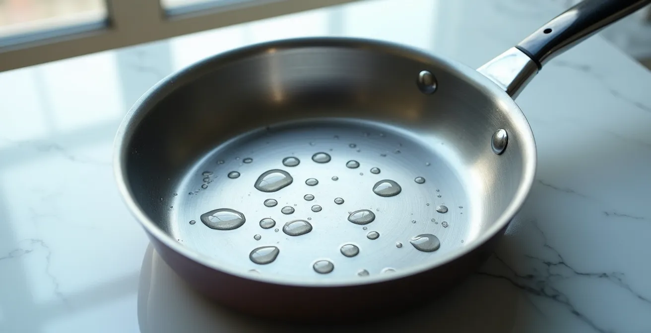 Wassertropfen auf Pfanne zeigen verschiedene Benetzungsgrade zur Zustandsprüfung