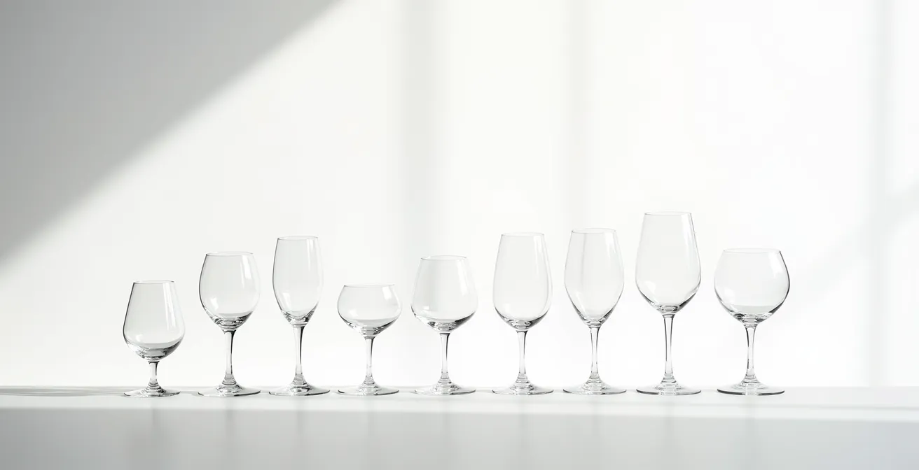 Minimalistische Anordnung von Weingläsern von einem bis zu sechs Gläsern, die verschiedene Sammlertypen repräsentieren