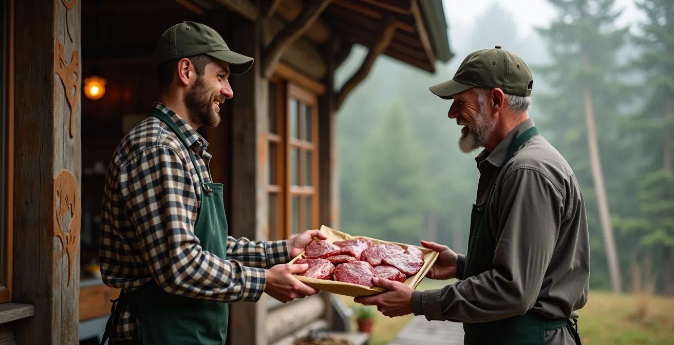 Förster bei der Wildfleischausgabe an einem rustikalen Forsthaus mit Waldkulisse