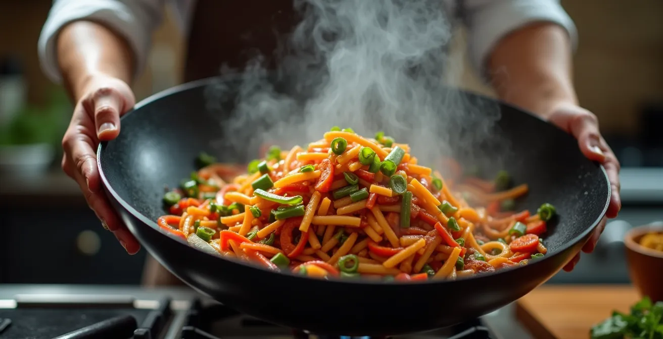 Wok mit sichtbaren Temperaturzonen und aufsteigendem Dampf zeigt den Unterschied zwischen Braten und Dämpfen
